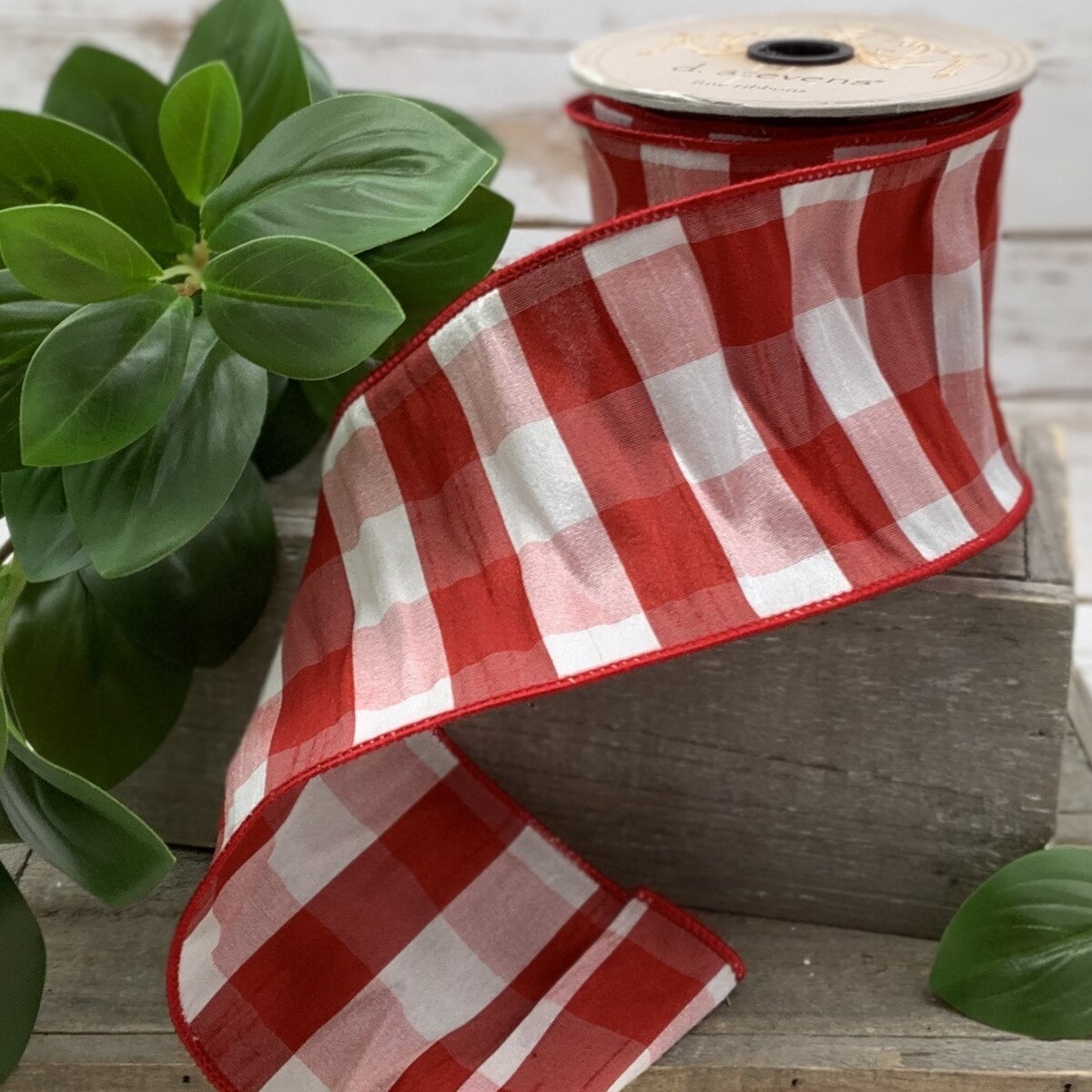 Red-White Faux Dupion Check Ribbon 4 Inch x 10 Yards