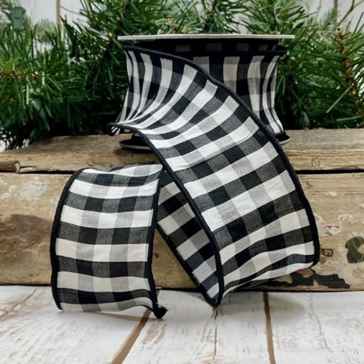Black-White Faux Dupion Small Check Ribbon 2.5" x 10 Yds