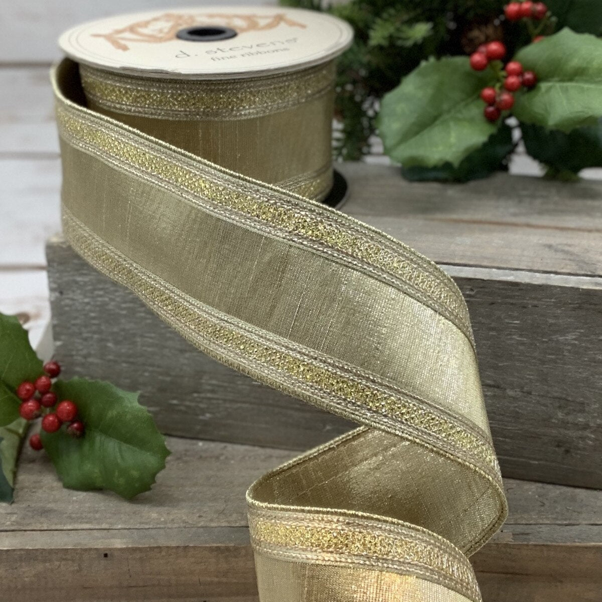 Gold Faux Metallic Dupion Stripe Edge Ribbon 2.5" x 10 Yds