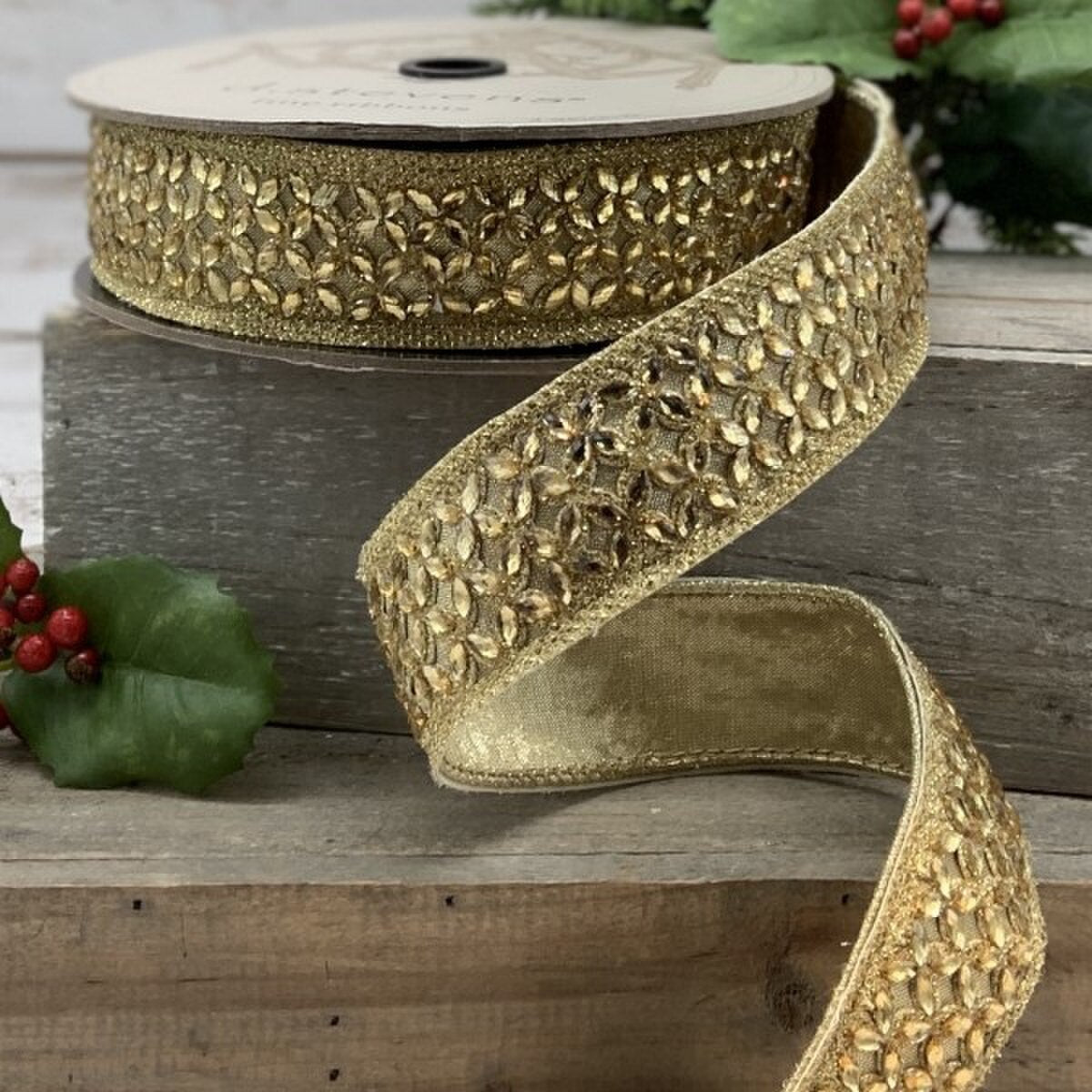 Faux Metallic Dupion Ribbon Trim with Crystal Flowers 1.5" x 10 Yds