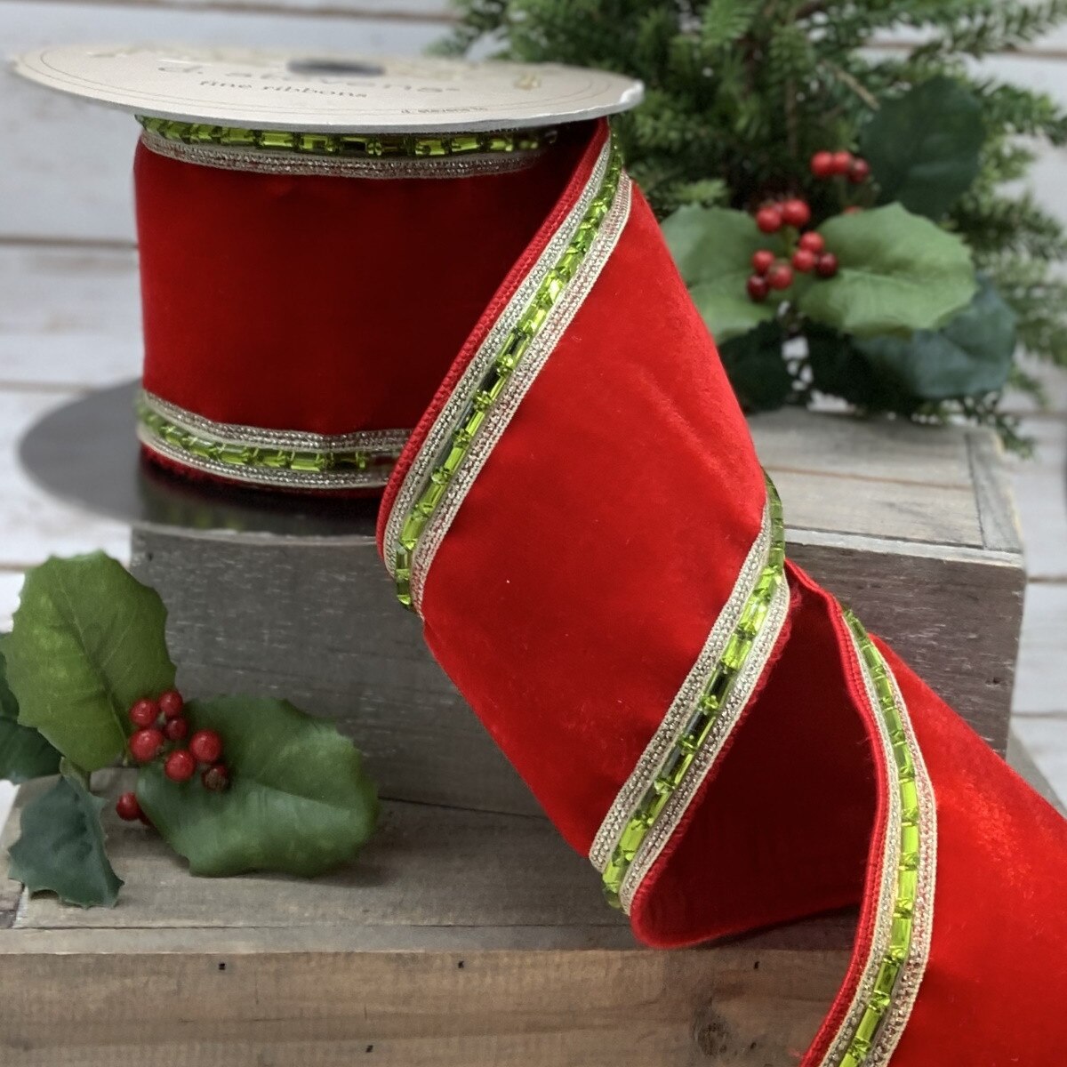 Baguette Stones Velvet Green Hot Red Ribbon 4" x 5 Yds