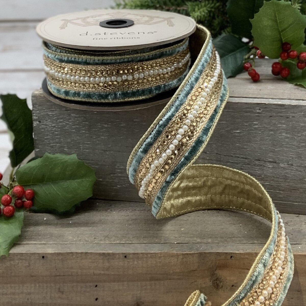 Celadon Velvet Bead Pearl Trim Ribbon 1.5 Inch x 5 Yards