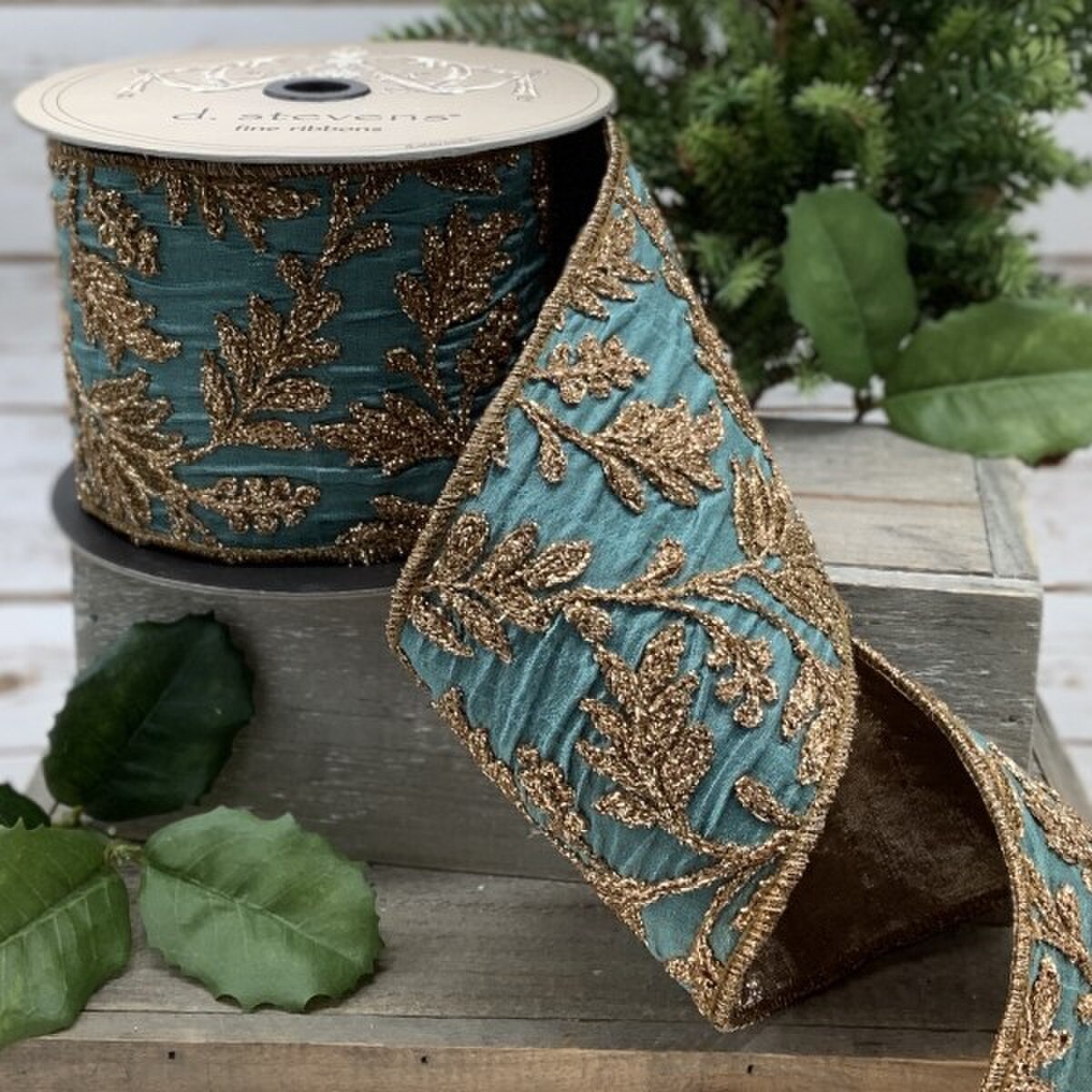 Celadon Faux Dupion Metallic Floral Embroidery Ribbon