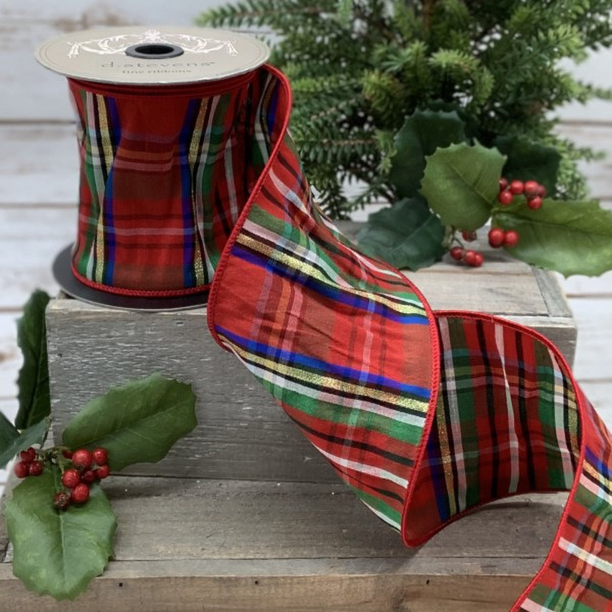 Plaid Faux Dupion Nutcracker Ribbon Blue Gold Red 4" x 10 Yds