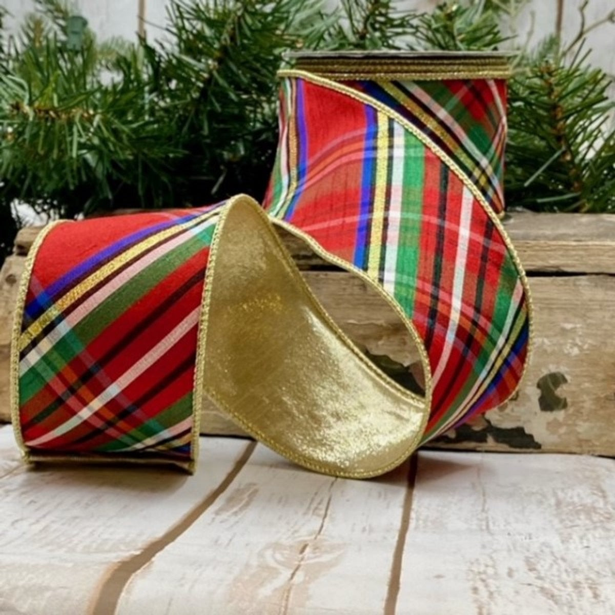Faux Dupion Plaid Ribbon Blue Gold Red 2.5 Inch x 10 Yds