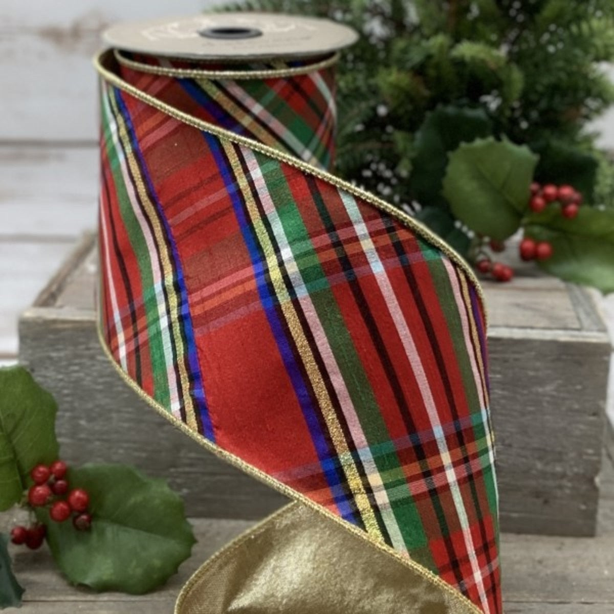 Faux Dupion Nutcracker Plaid Ribbon Blue Gold Red 4 Inch