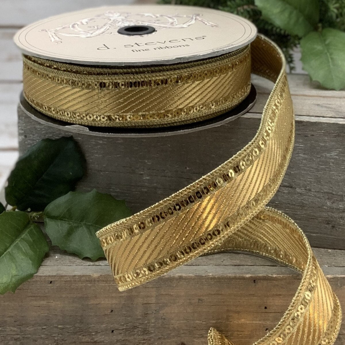 Gold Jacquard Wired Stripe Ribbon 1.5 Inch x 25 Yards