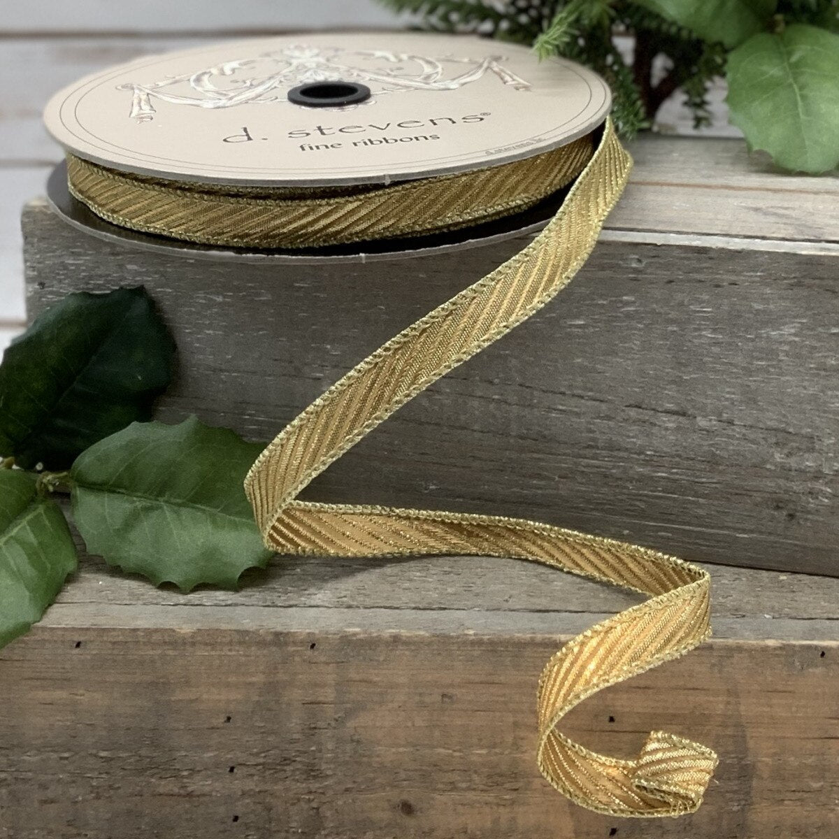 Gold Jacquard Wired Diagonal Stripe Ribbon 0.5 x 25 Yds
