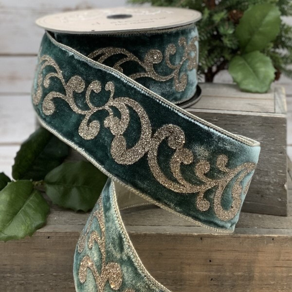 Platinum-Celadon Velvet Large Swirls Ribbon 3 Inch x 10 Yds