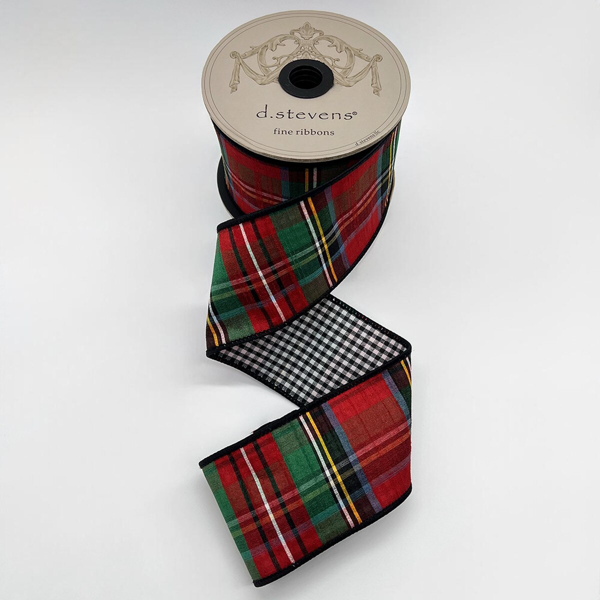 Faux Dupion Plaid Ribbon Black-White Red-Green 2.5" x 10 Yds