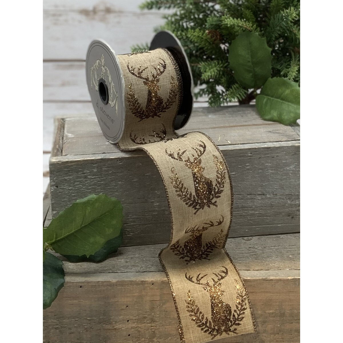 Copper-Brown Glitter Deer Faux Linen Ribbon 2.5" x 10 Yds