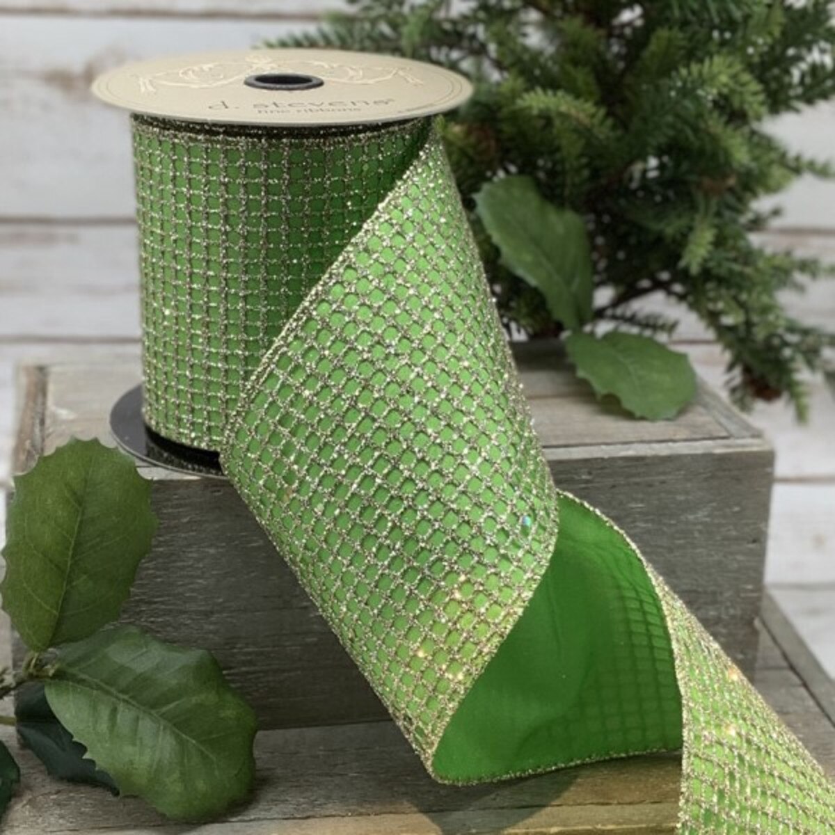 Gold Mesh Green Taffeta Ribbon 4 Inch x 10 Yards
