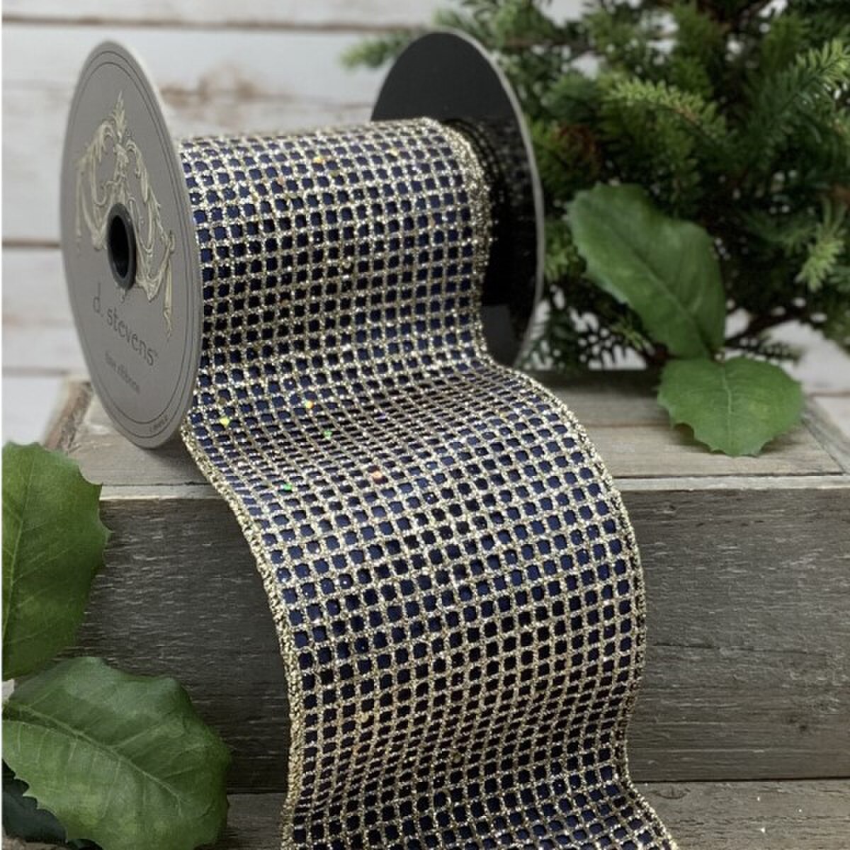 Navy Taffeta Gold Mesh Ribbon 4 Inch x 10 Yards