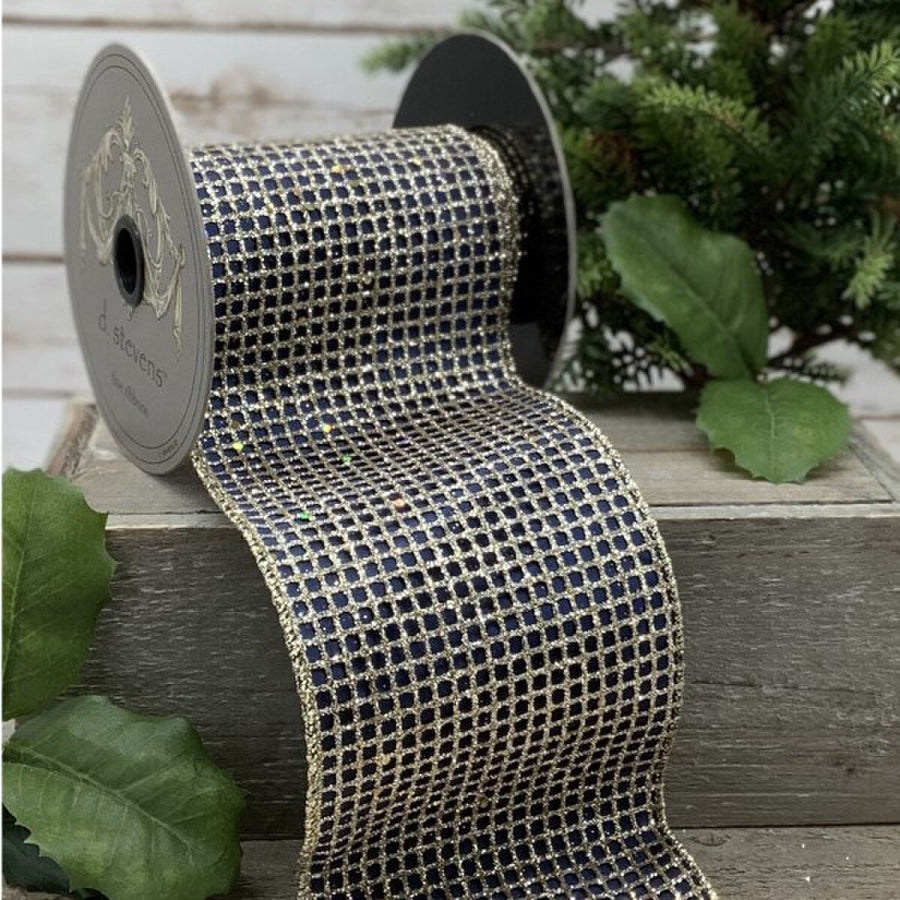 Navy Taffeta Gold Mesh Ribbon 4 Inch x 10 Yards