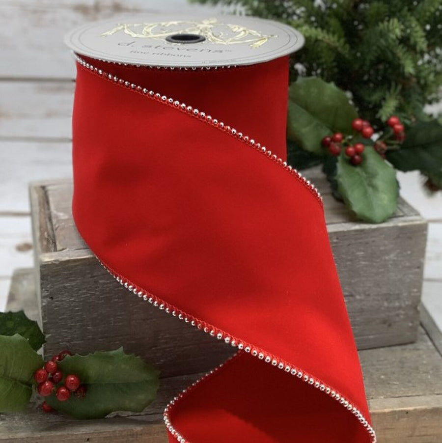 Weather Resistant Red Velvet Ribbon with Silver Beaded Edge