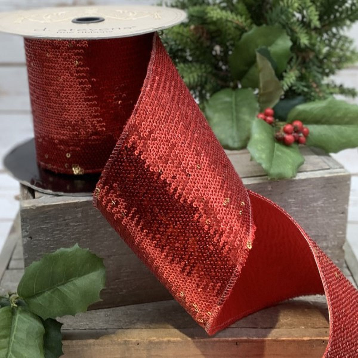 Gold-Red Sequins Taffeta Ribbon 4" x 10 Yds