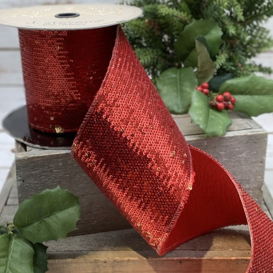 Gold-Red Sequins Taffeta Ribbon 4" x 10 Yds