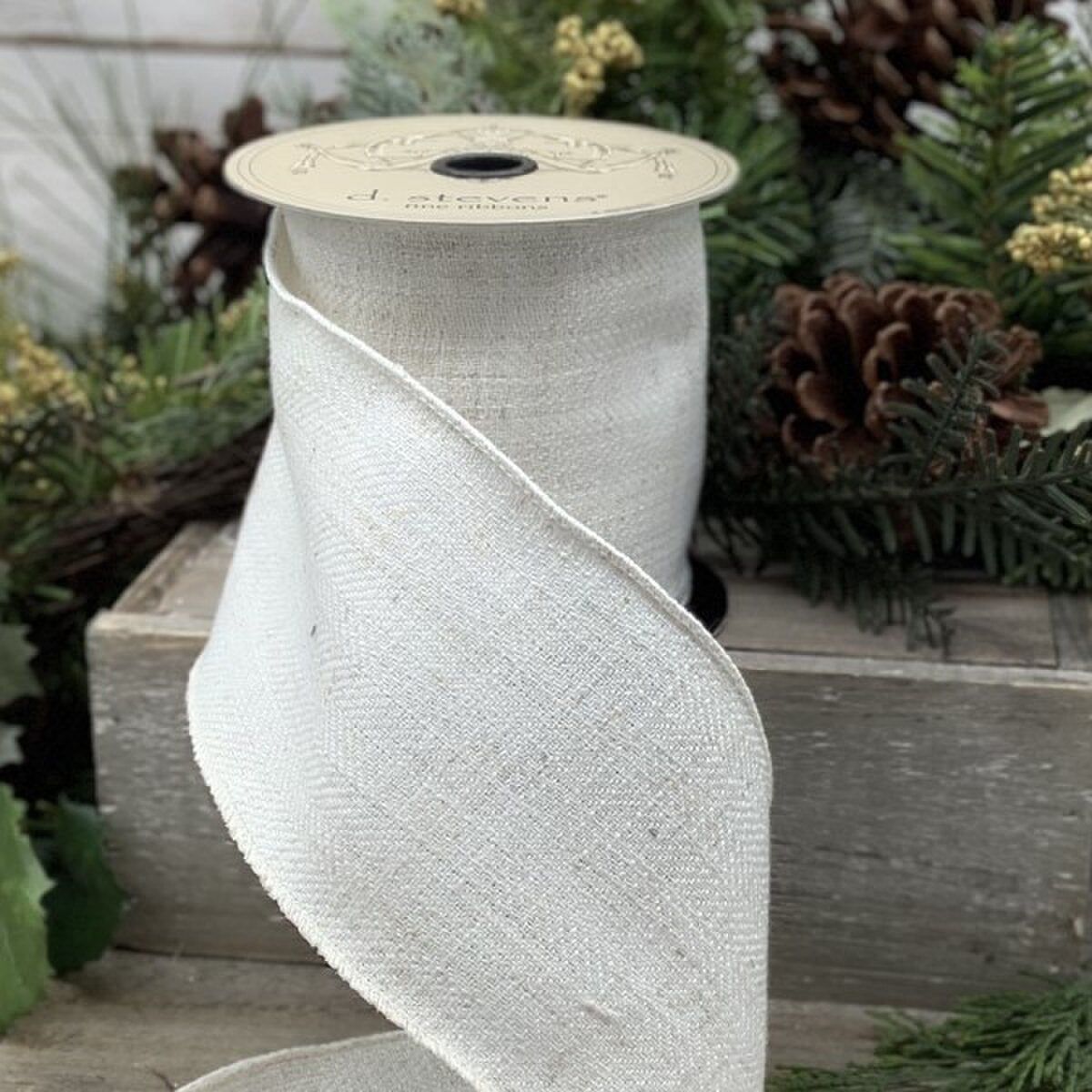 Ivory Faux Linen Herringbone Ribbon 4 Inch x 10 Yards