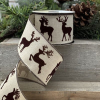 Brown-Natural Faux Linen Flock Deer Ribbon 2.5
