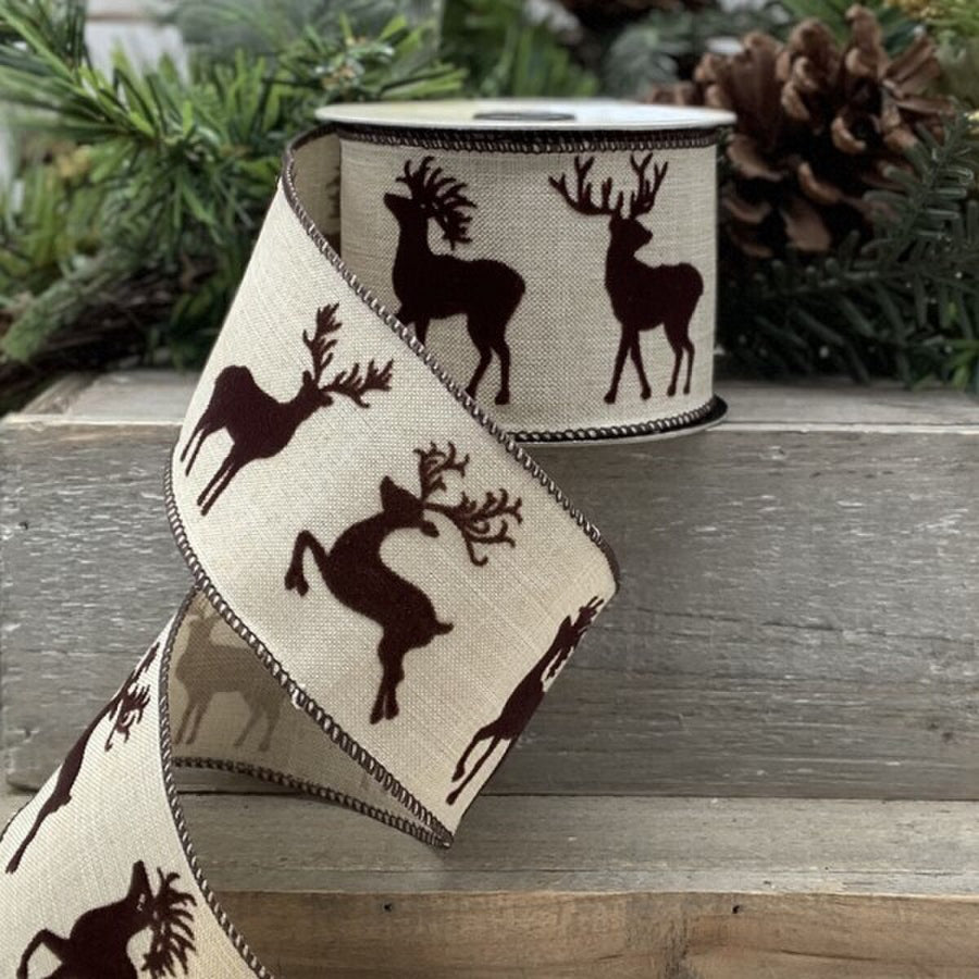 Brown-Natural Faux Linen Flock Deer Ribbon 2.5" x 10 Yds