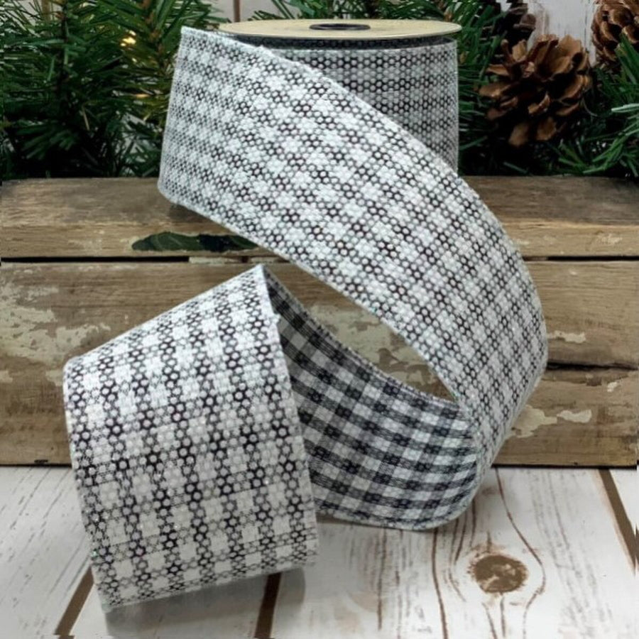 Faux Linen Black White Glitter Check Ribbon 2.5" x 10 Yds