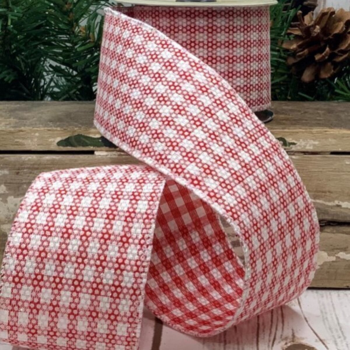 Red White Faux Linen Glitter Check Ribbon 2.5" x 10 Yds
