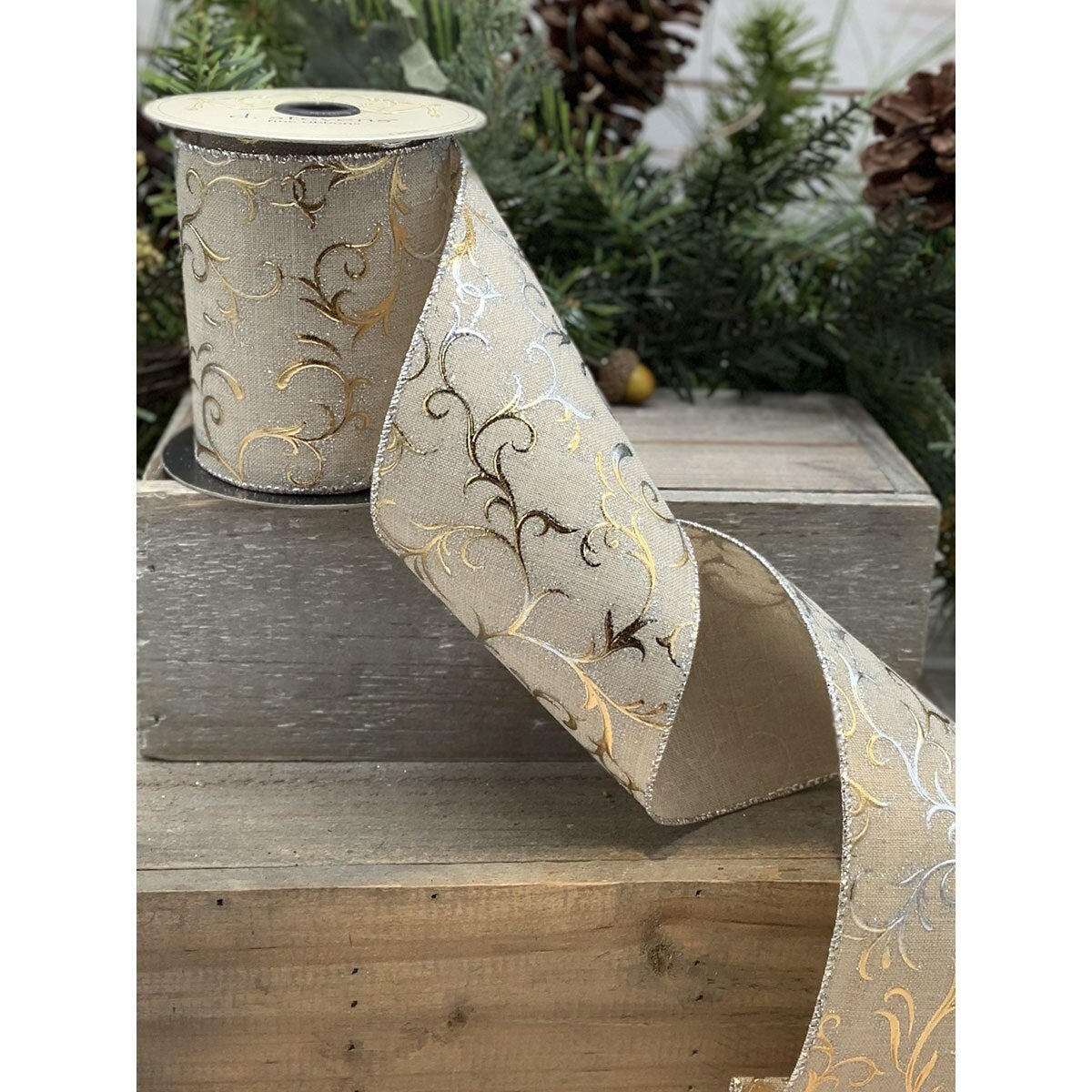 Natural Gold Silver Faux Linen Metallic Swirls Ribbon 4 Inch