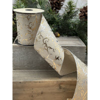 Natural Gold Silver Faux Linen Metallic Swirls Ribbon 4 Inch