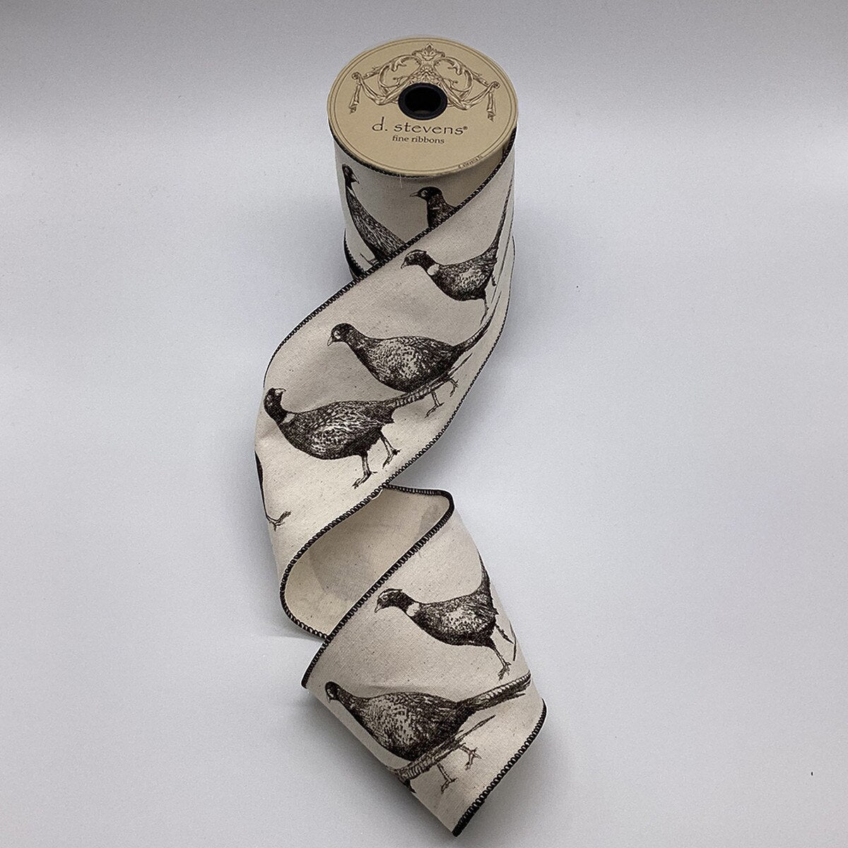 Natural Linen Black Pheasant Ribbon 4 Inch x 10 Yards