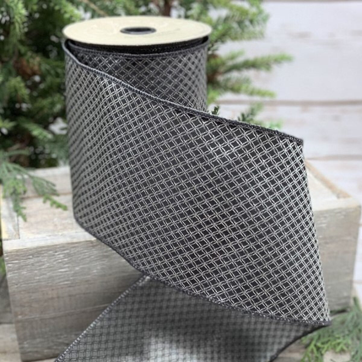 Black-White Jacquard Trellis Ribbon 4 Inch x 10 Yards