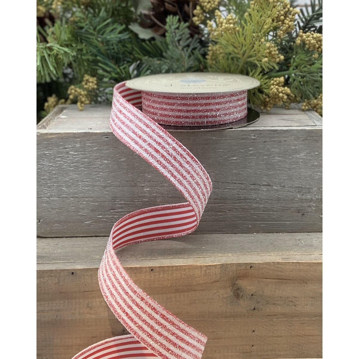 Satin Ribbon Red White Candy Stripe Unwired 0.875 Inch