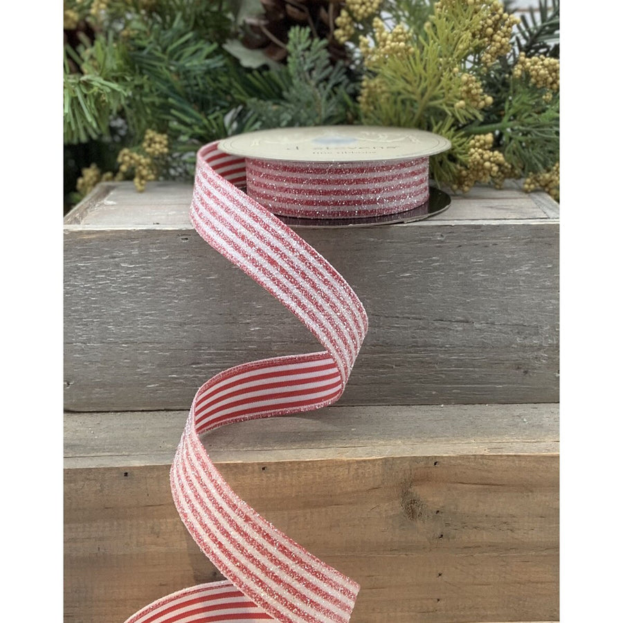 Satin Ribbon Red White Candy Stripe Unwired 0.875 Inch