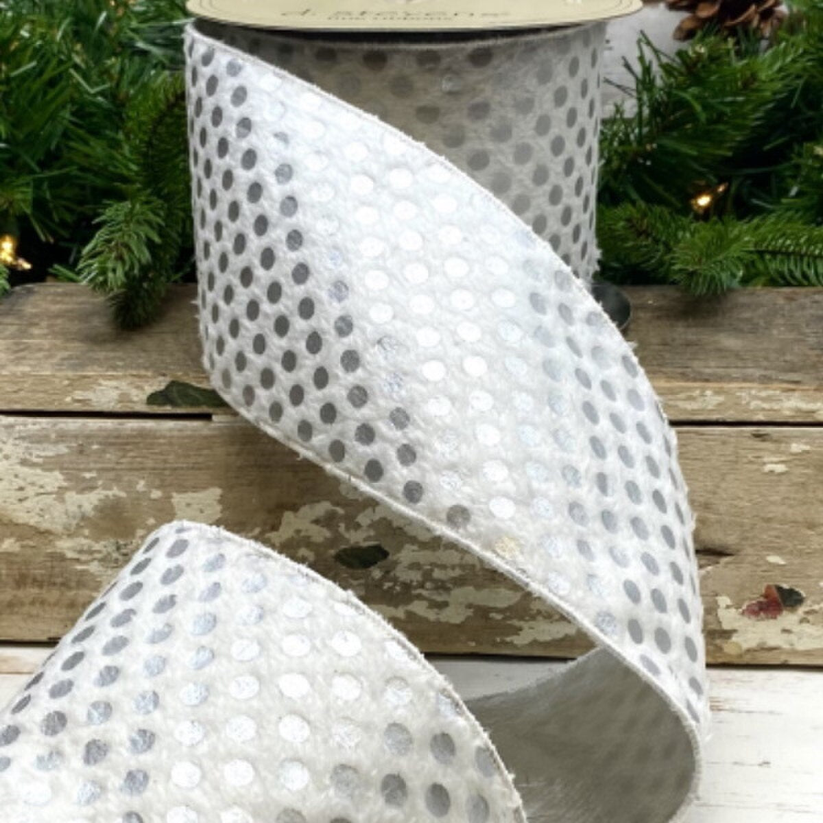 Silver White Plush Metallic Dots Ribbon 4 x 10 Yds