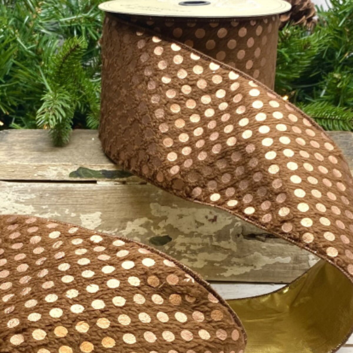 Rose Gold Chocolate Ribbon with Plush Metallic Dots 4" x 10 Yds