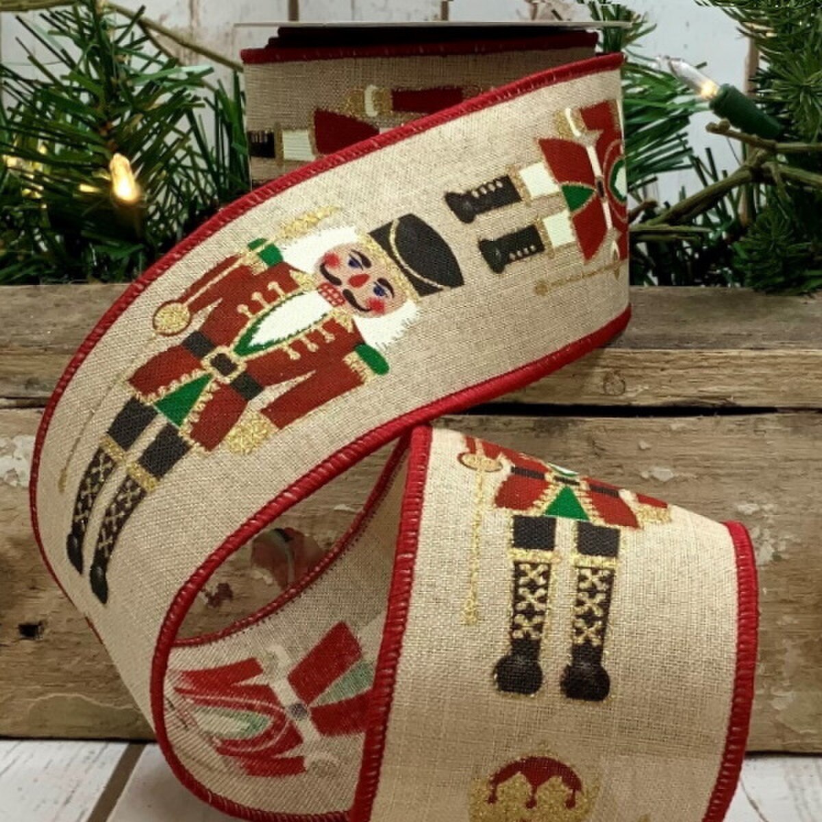 Nutcracker Faux Linen Ribbon 2.5 Inch Natural Gold 10 Yds