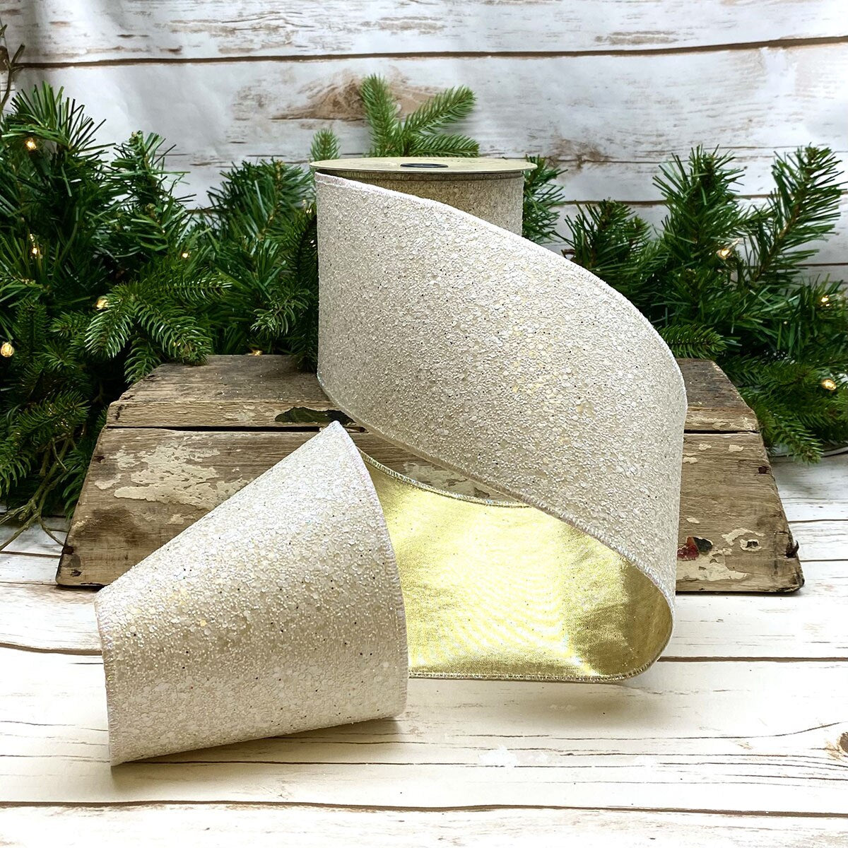 Heavy Glitter White Ribbon 4 Inch by 10 Yards