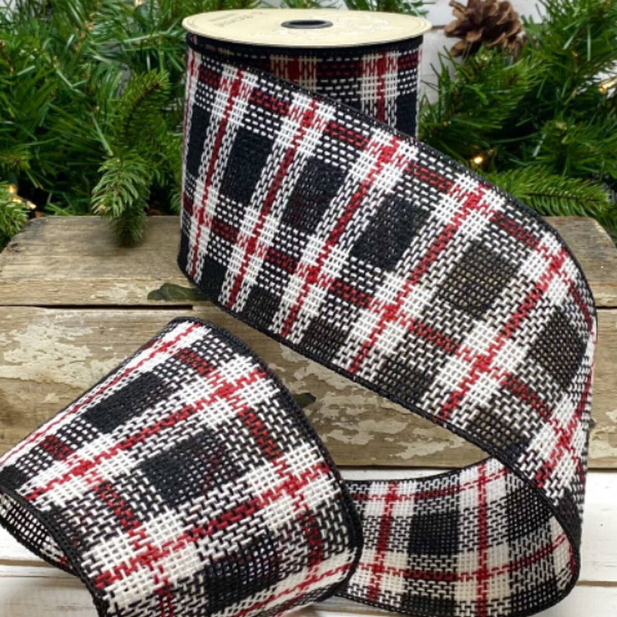 Burlap Ribbon Red Black White Plaid 4 Inch x 10 Yards