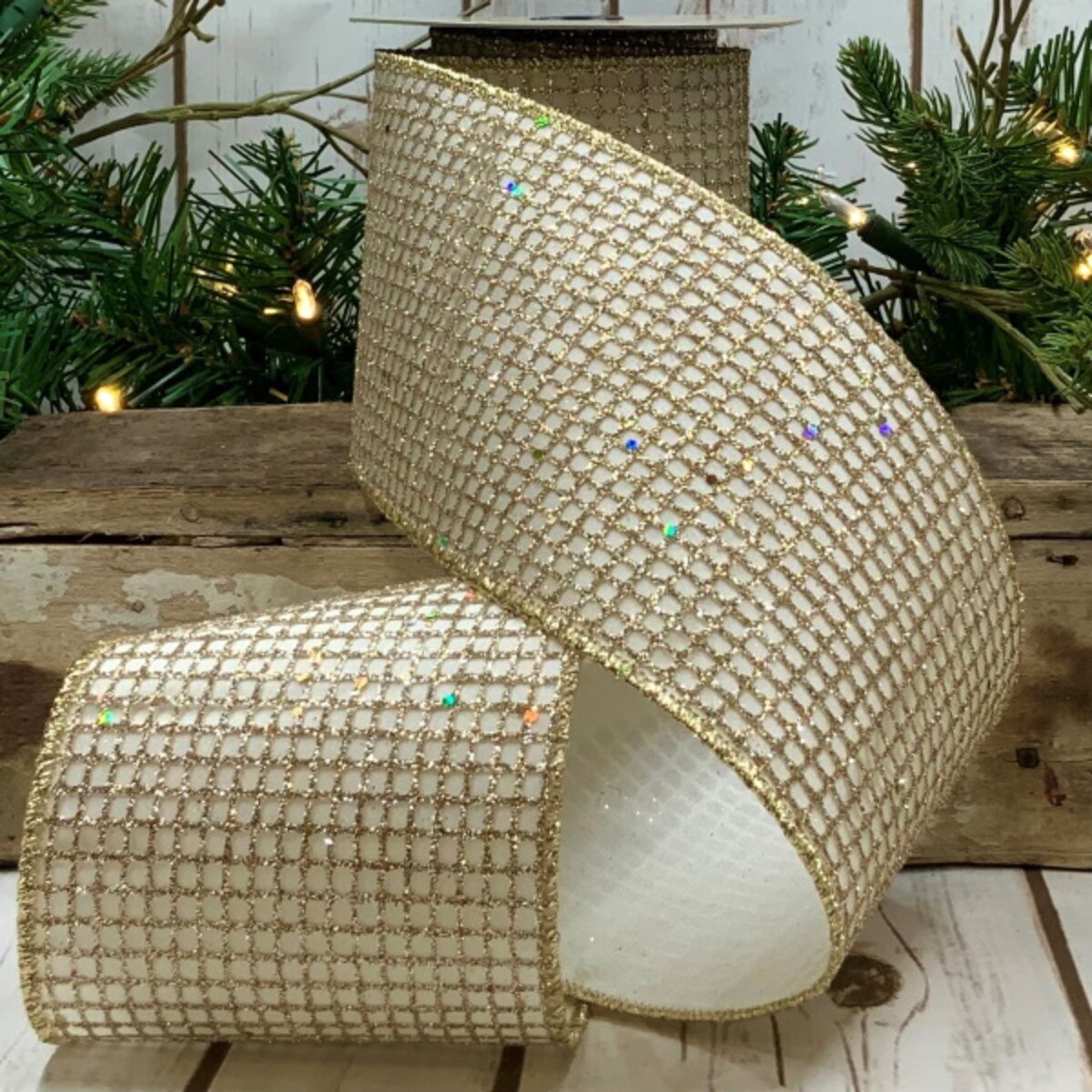 Platinum Ivory Taffeta Glitter Mesh Ribbon 4" x 10 Yds