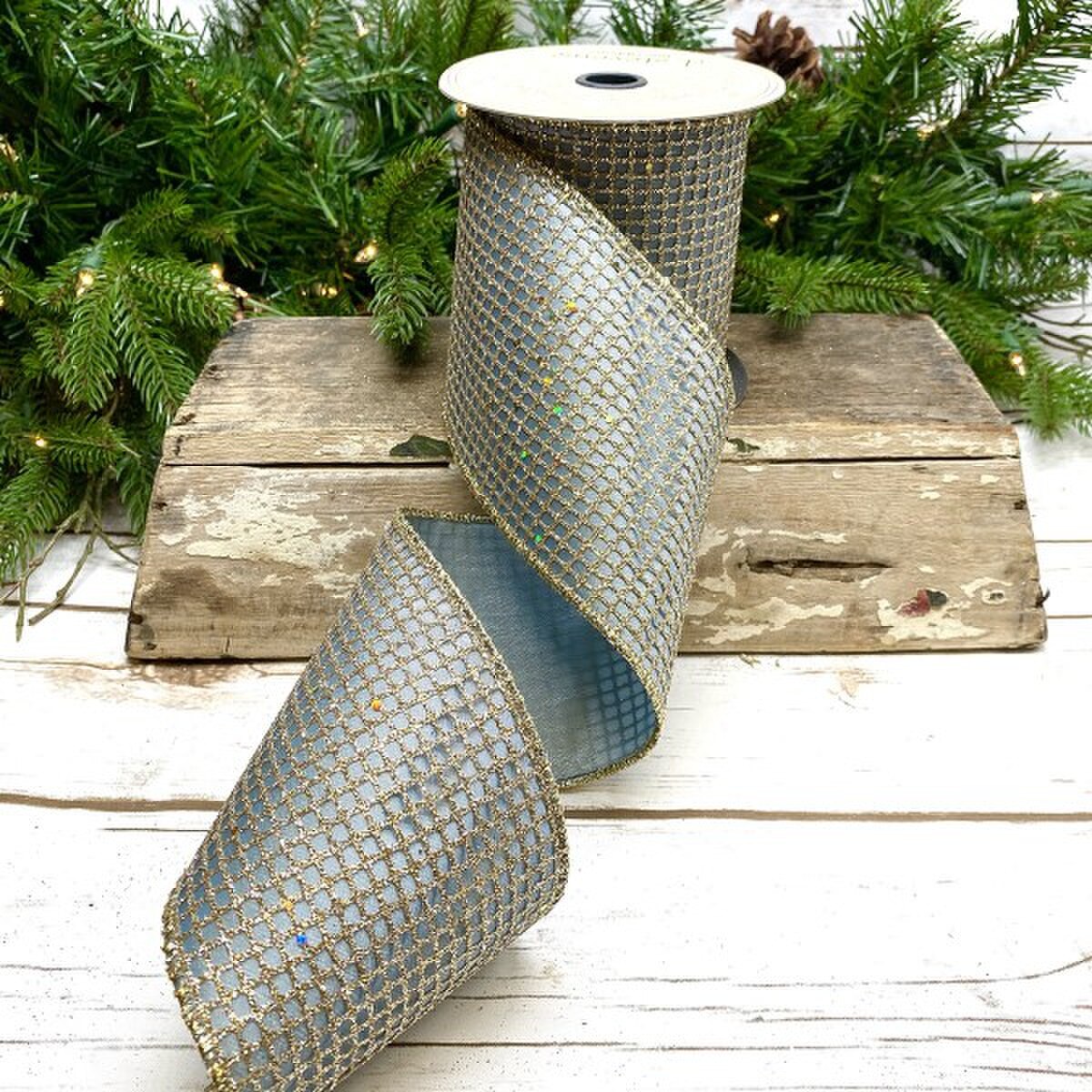 Platinum Blue Taffeta Glitter Mesh Ribbon 4" x 10 Yds