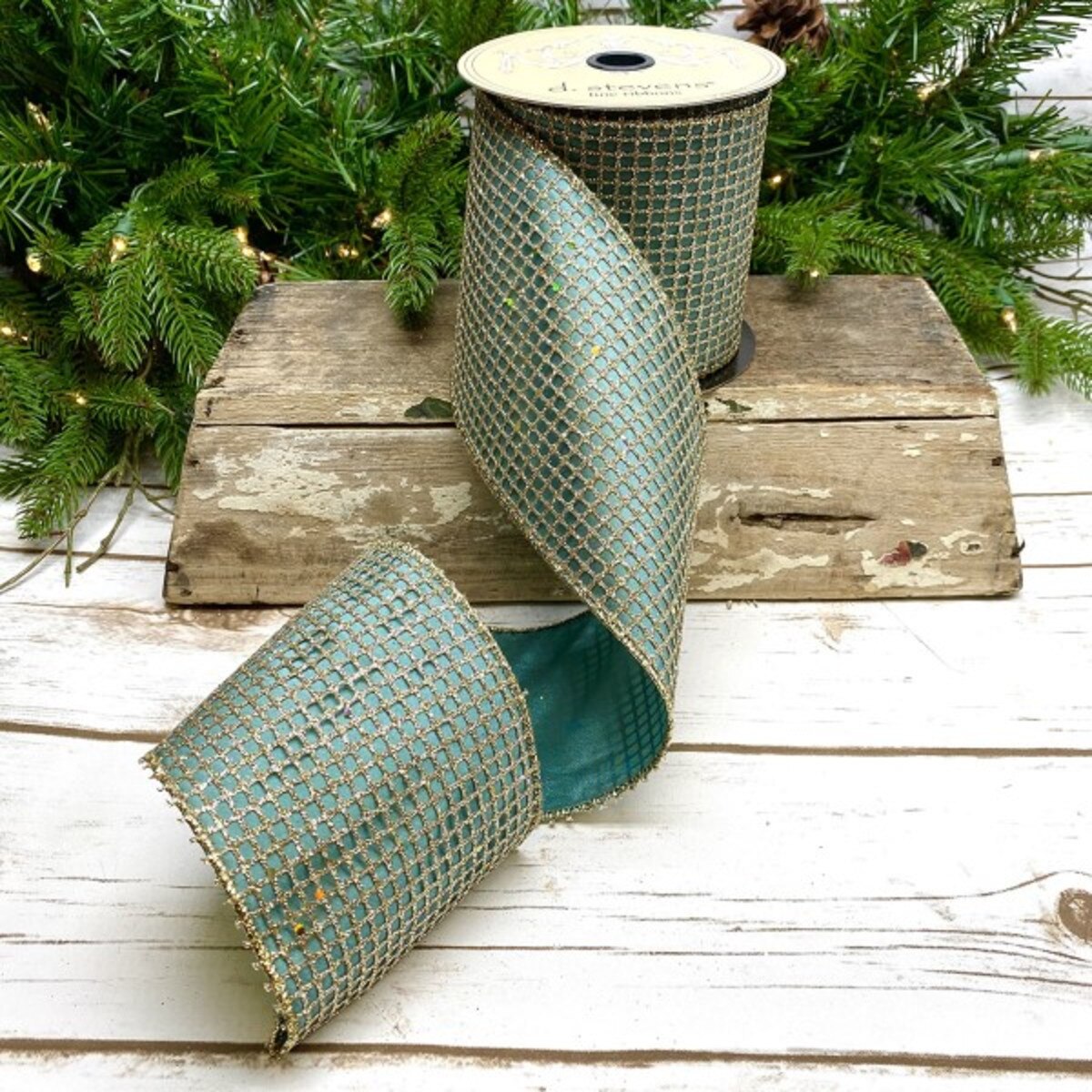 Glitter Mesh Ribbon Platinum Celadon 4 Inch x 10 Yds