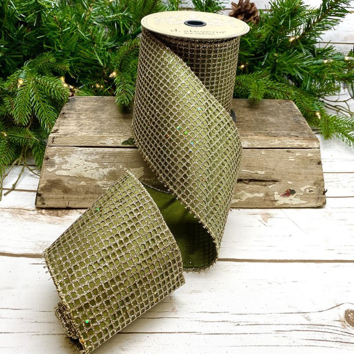 Glitter Mesh Ribbon Platinum Sage Green 4" x 10 Yds