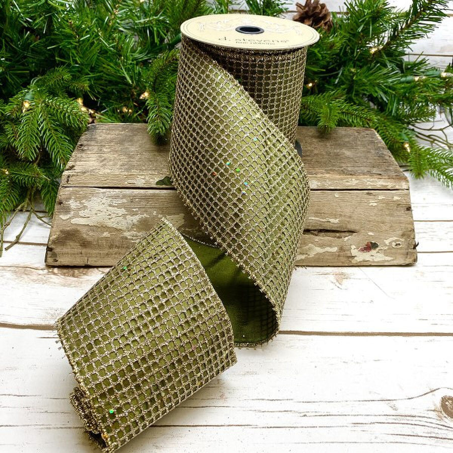 Glitter Mesh Ribbon Platinum Sage Green 4" x 10 Yds