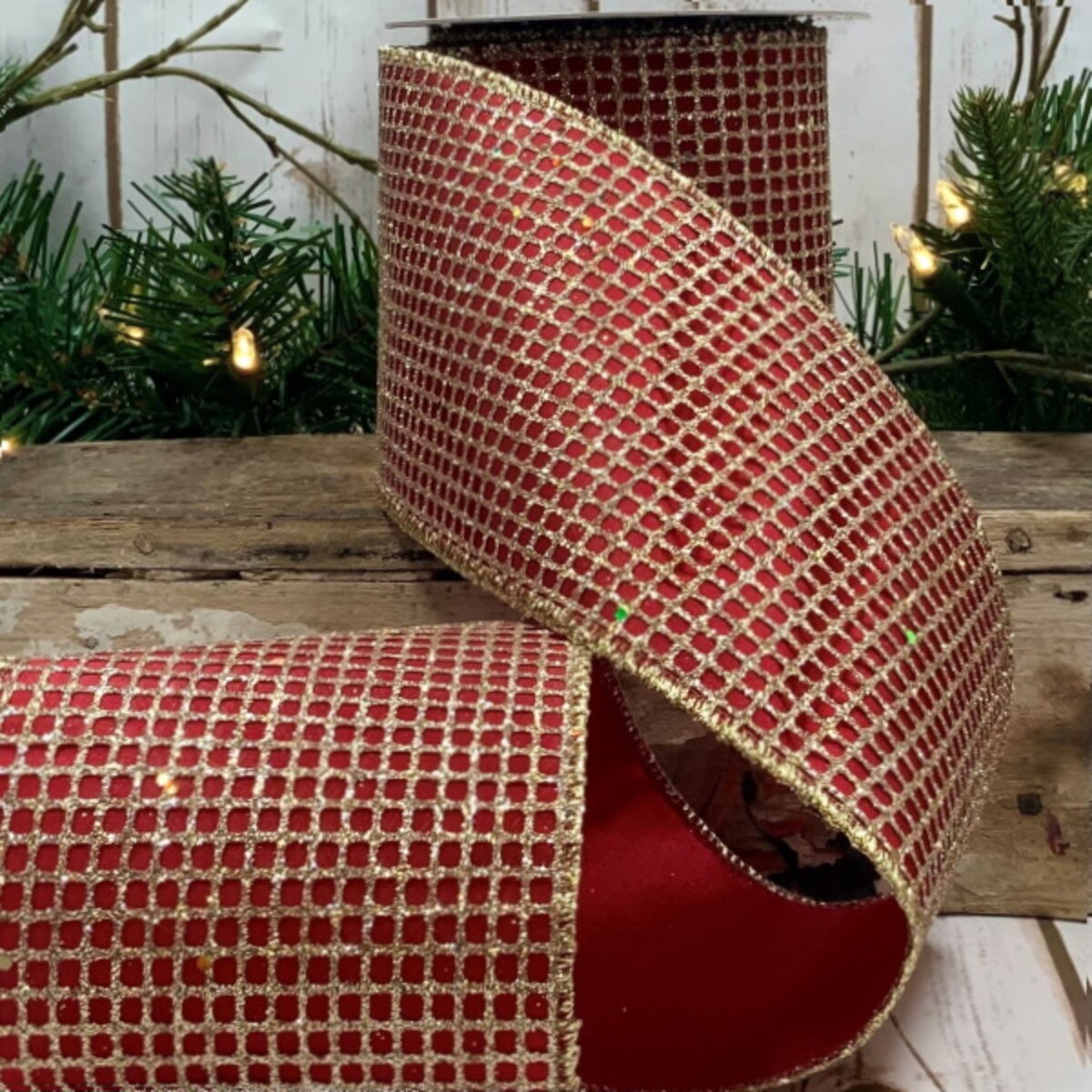 Platinum Red Taffeta Glitter Mesh Ribbon 4" x 10 Yds
