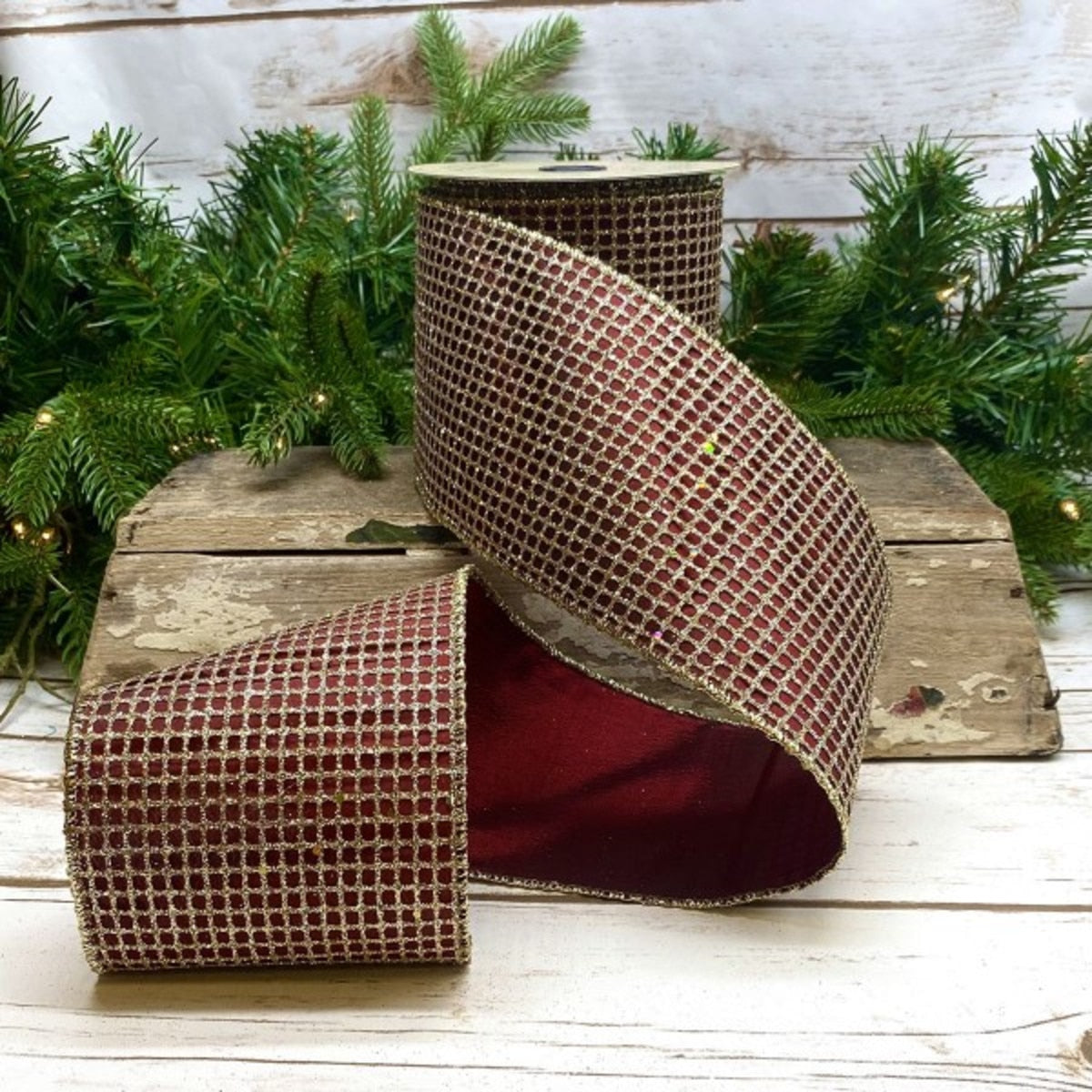 Glitter Mesh Ribbon Platinum Burgundy 4 Inch x 10 Yards