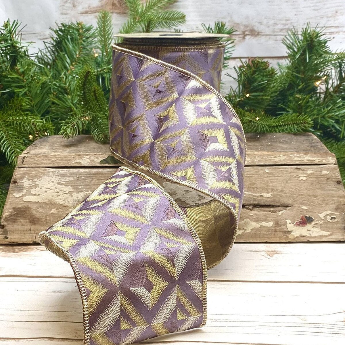 Golden Lavender Jacquard Diamond Stitch Ribbon 4" x 10 Yds