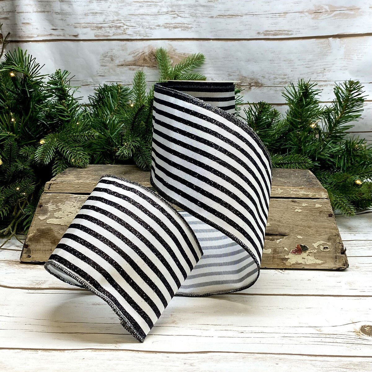 Grosgrain White Ribbon with Black Glitter Stripe 4" x 10 Yds
