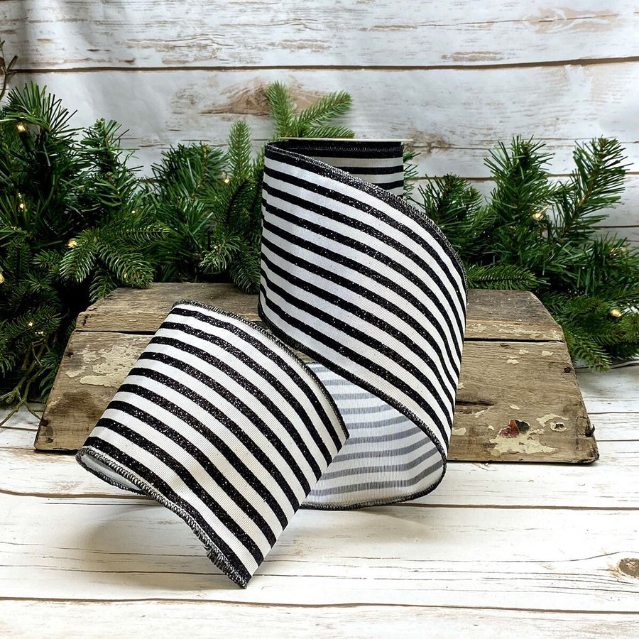 Grosgrain White Ribbon with Black Glitter Stripe 4" x 10 Yds