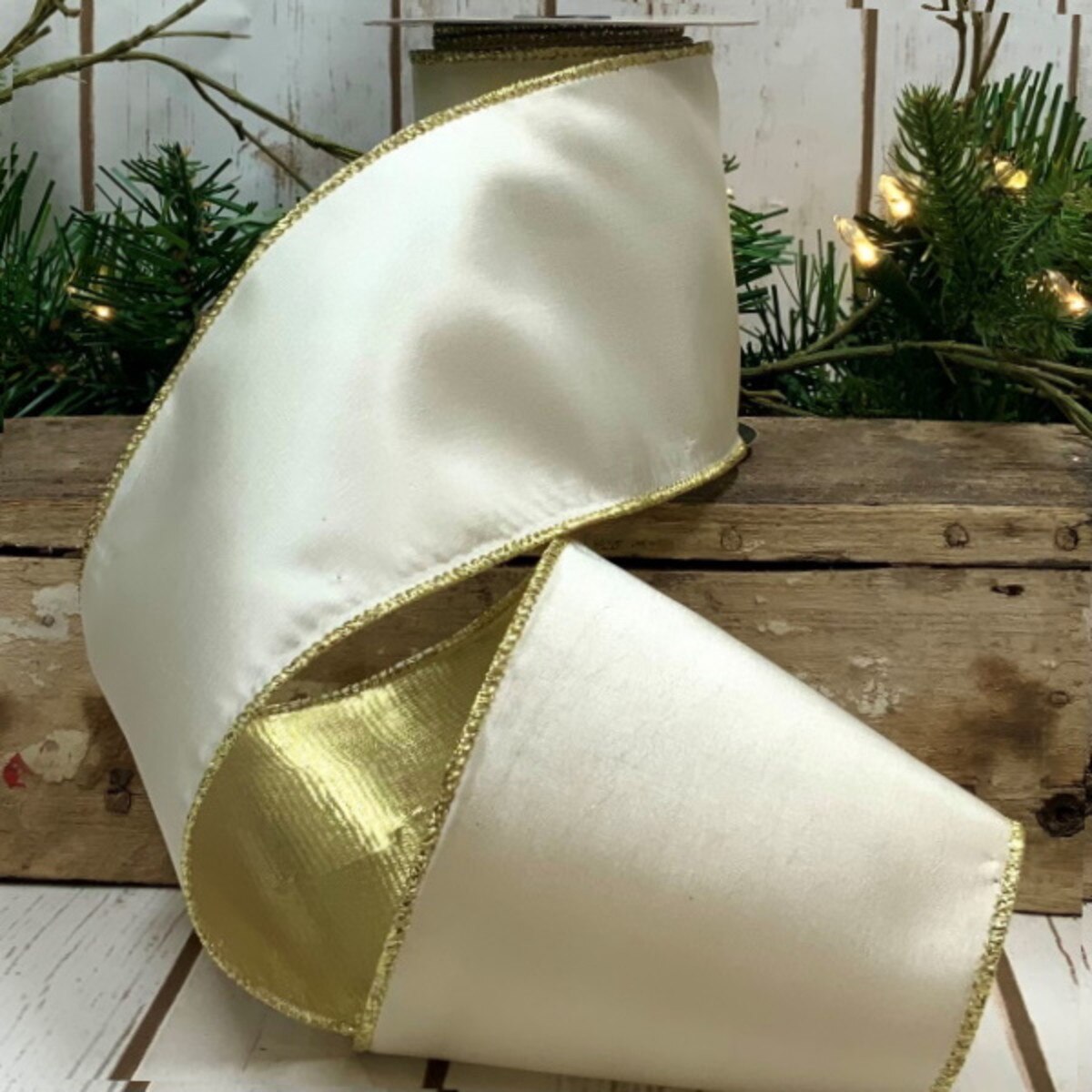 Gold Back White Ribbon Royal Taffeta 4 Inch x 10 Yards