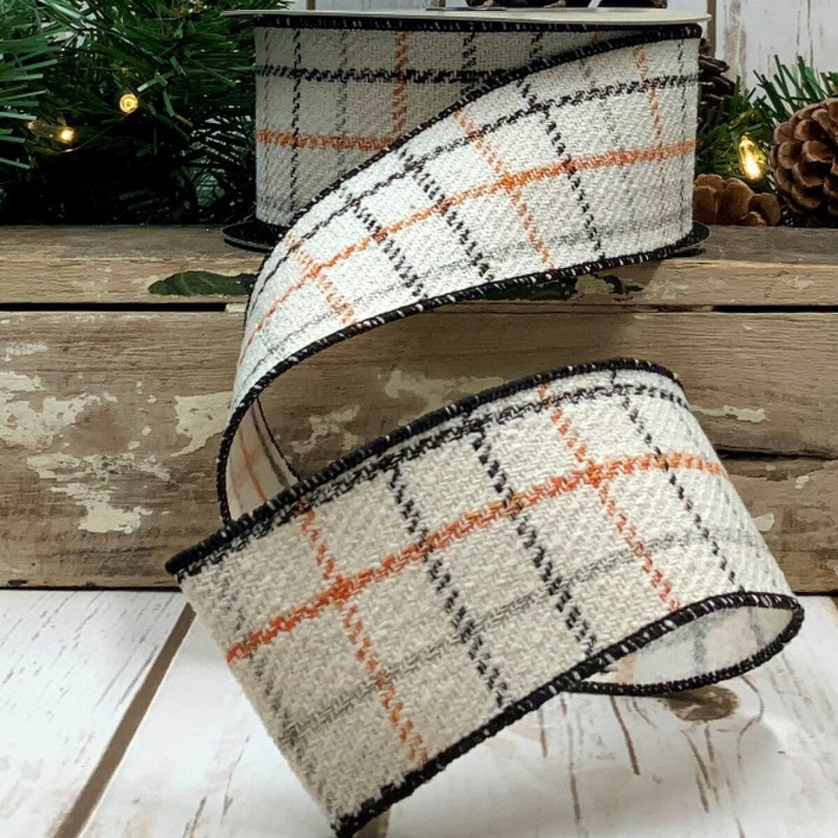 Faux Wool Plaid Ribbon Black Orange Ivory 2.5 Inch 10 Yds
