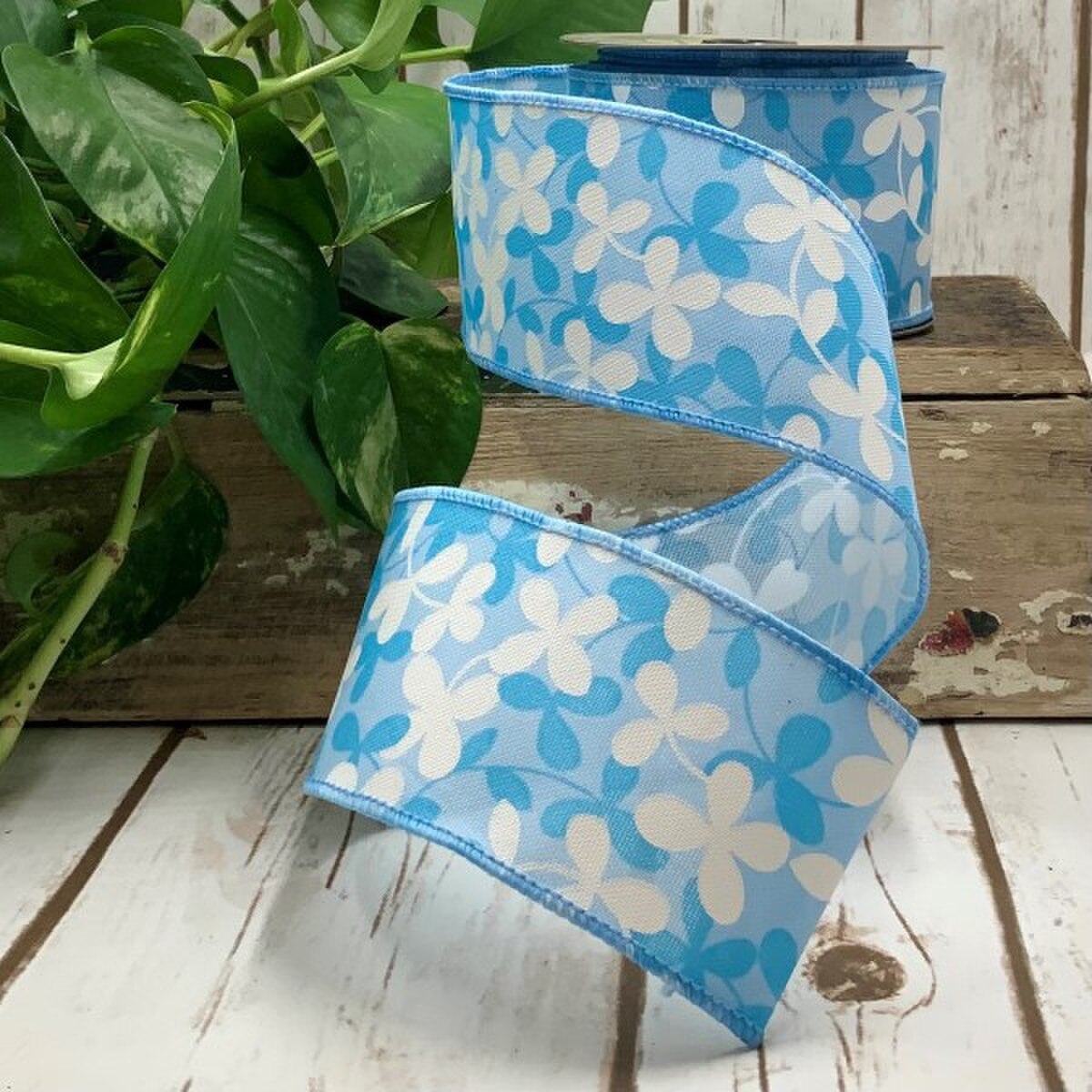 Floral Blue Ribbon Linen 2.5 Inch x 10 Yards